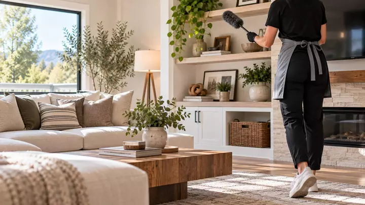 A tidy living room with neatly arranged shelves