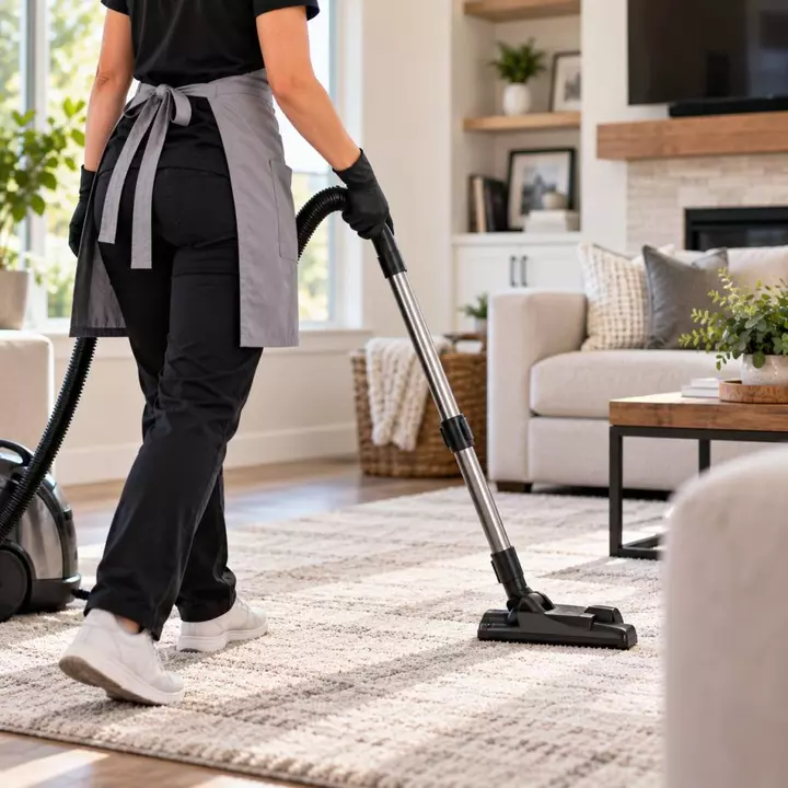A cleaner vacuuming a living room rug